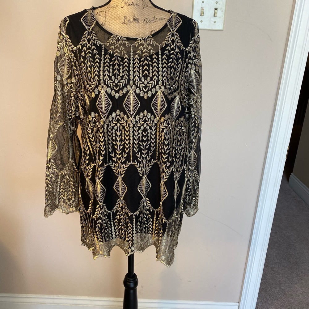 NWT- Reba Black w/gold embroidery Blouse